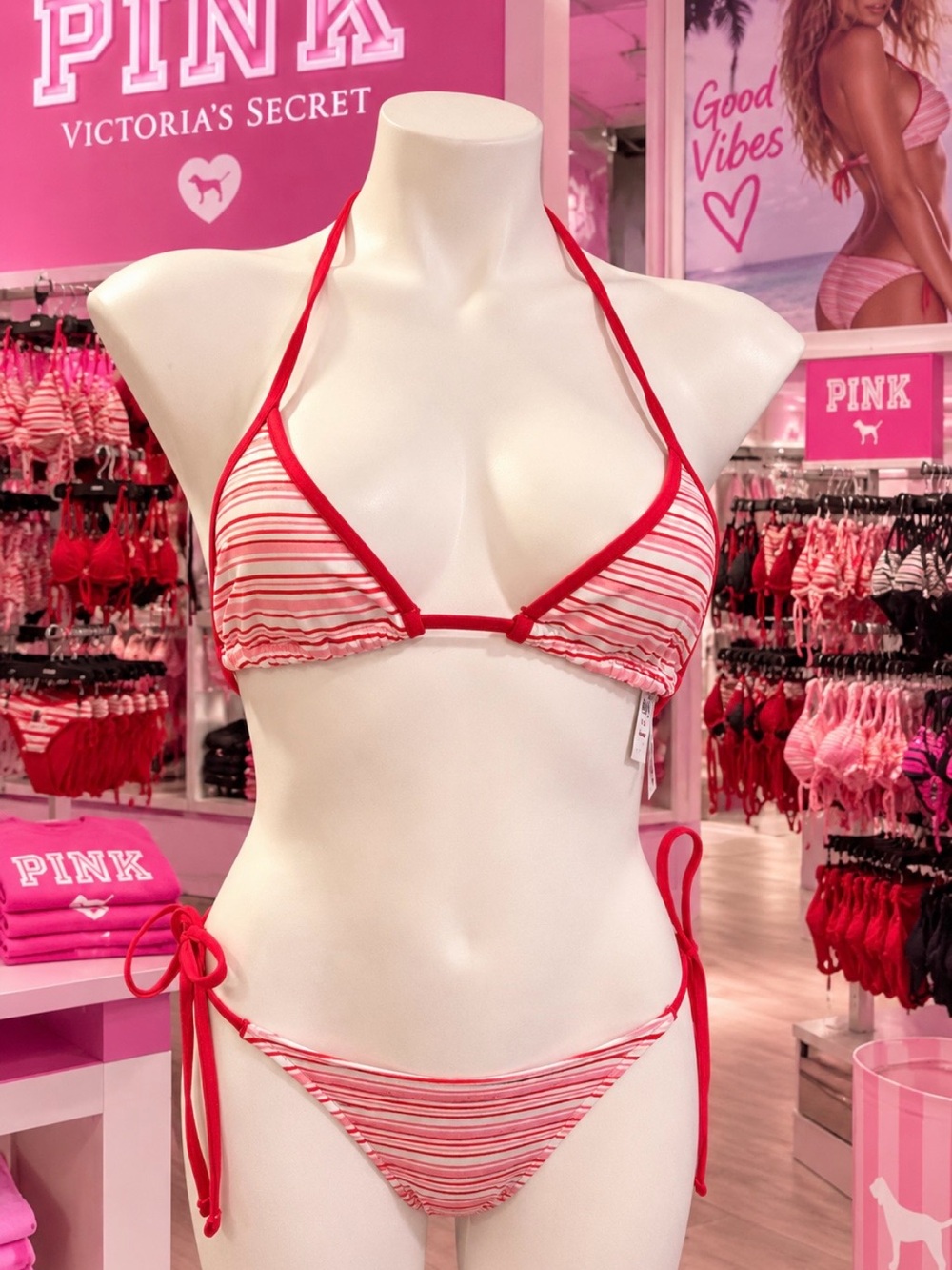 PINK Victoria's Secret Red & White Striped Tie Bikini